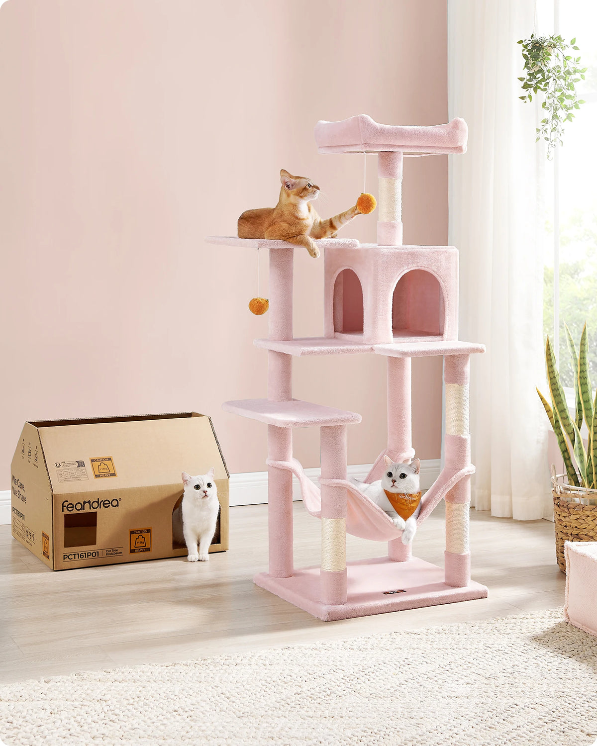 Rascador Feandrea 143 cm | Torre para Gatos con 4 Postes y Pompones