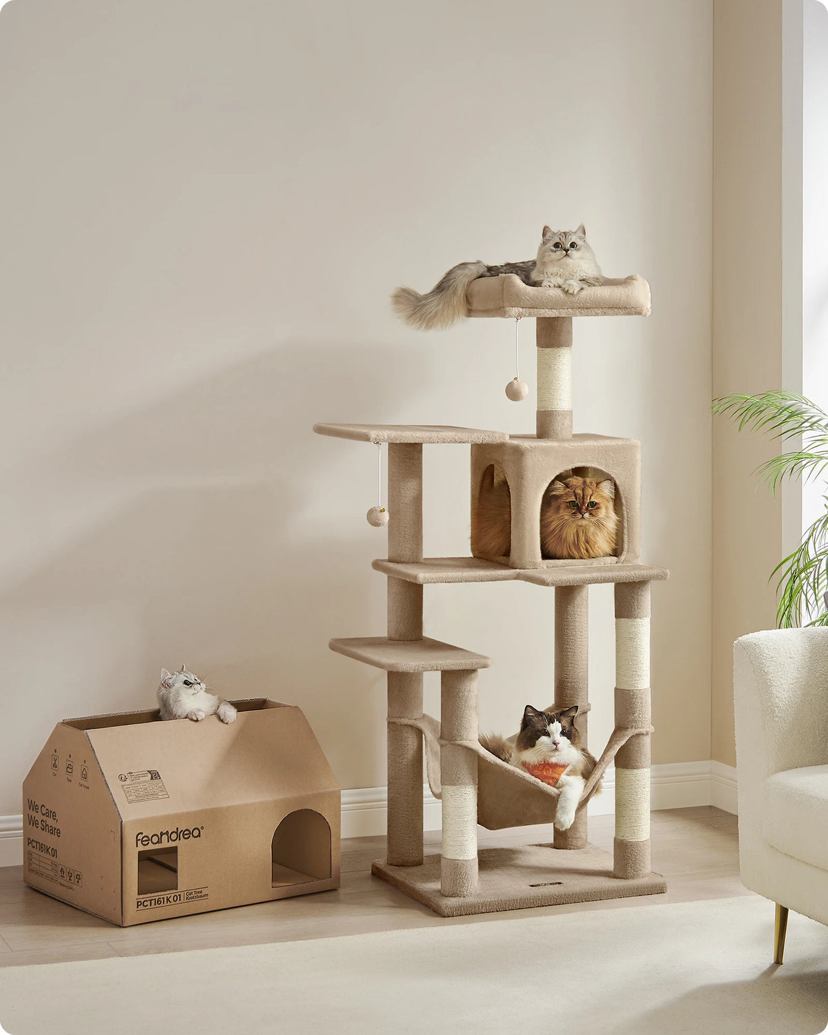 Rascador Feandrea 143 cm | Torre para Gatos con 4 Postes y Pompones
