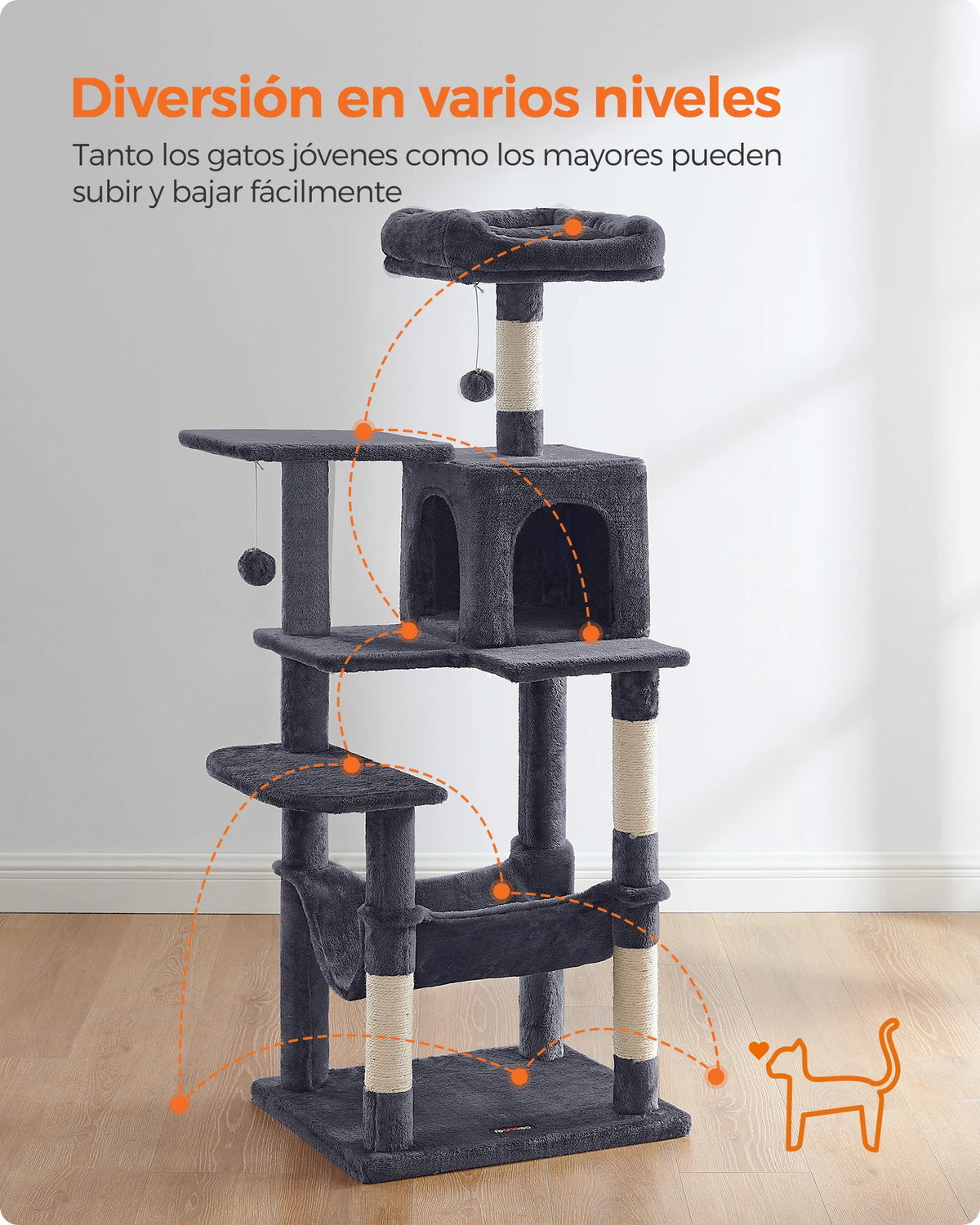 Rascador Feandrea 143 cm | Torre para Gatos con 4 Postes y Pompones