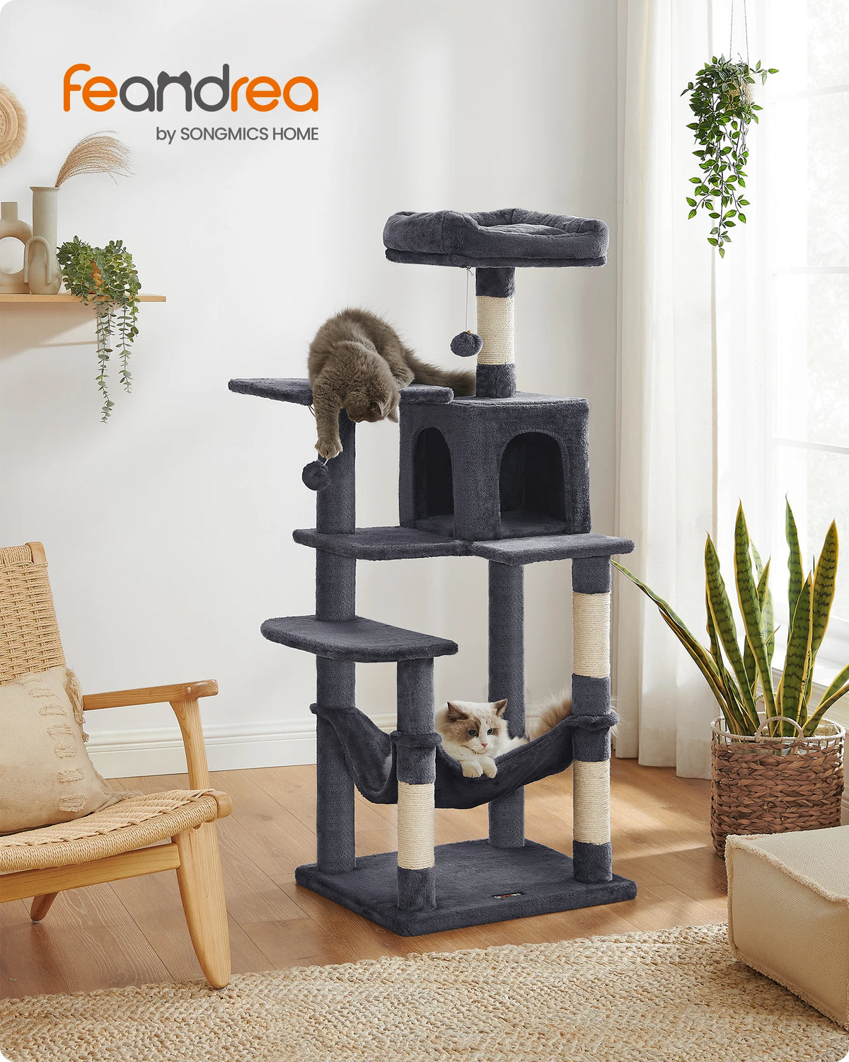 Rascador Feandrea 143 cm | Torre para Gatos con 4 Postes y Pompones
