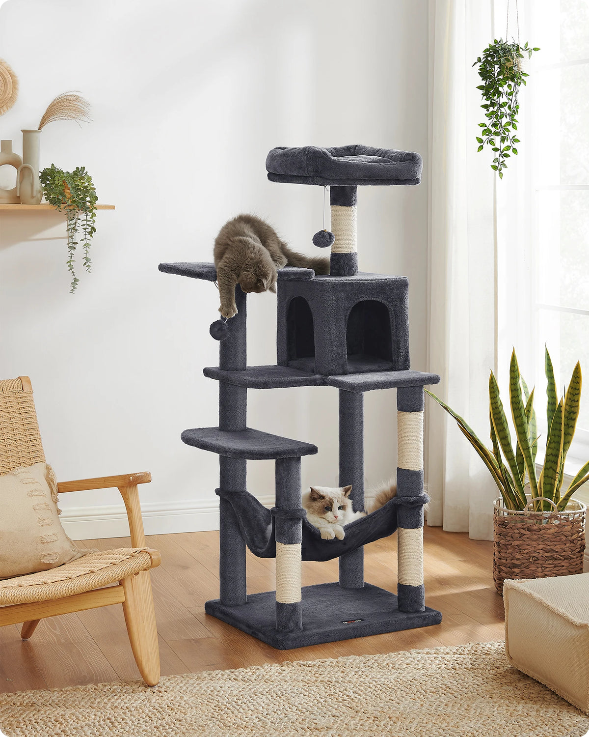 Rascador Feandrea 143 cm | Torre para Gatos con 4 Postes y Pompones