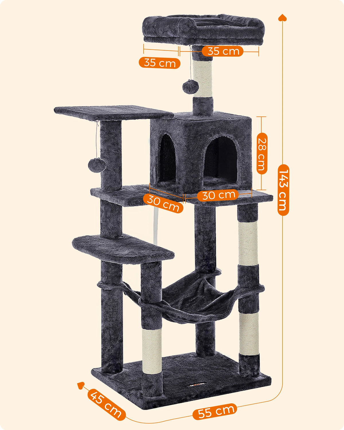 Rascador Feandrea 143 cm | Torre para Gatos con 4 Postes y Pompones
