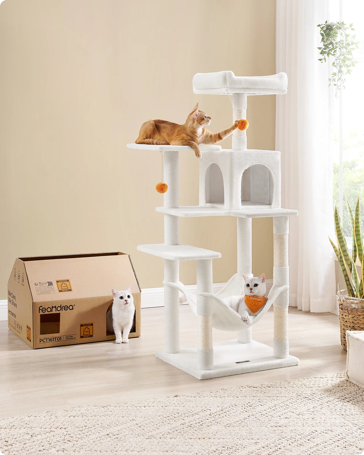 Rascador Feandrea 143 cm | Torre para Gatos con 4 Postes y Pompones